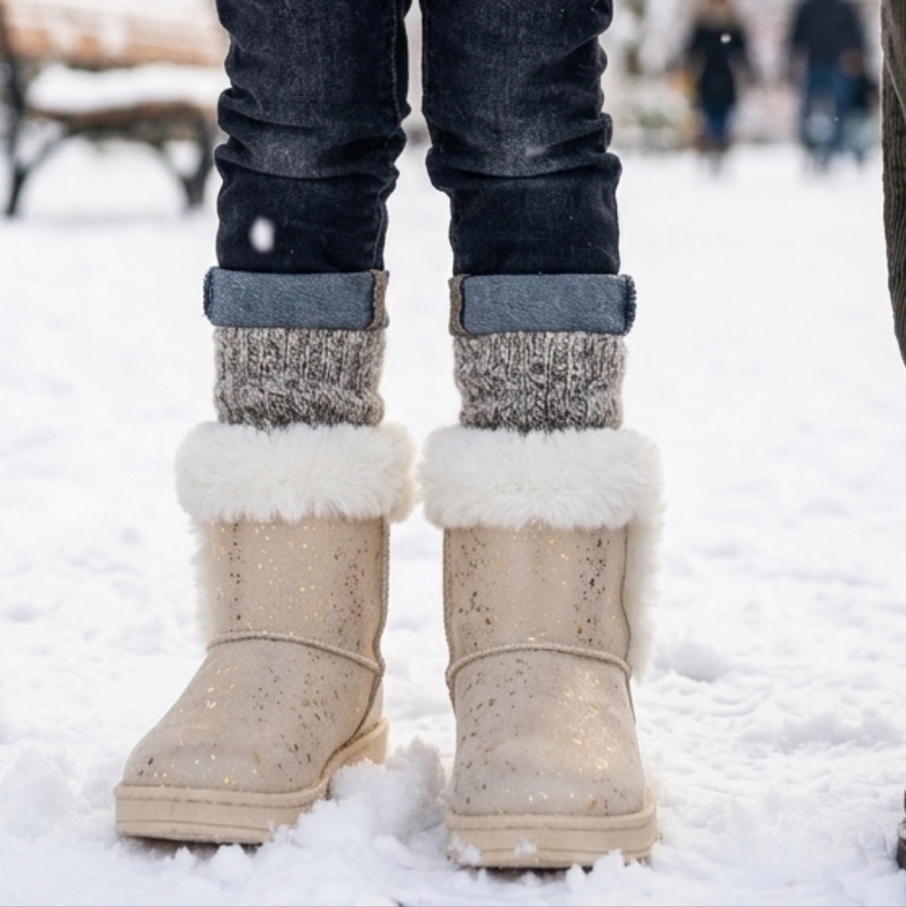 Girls Cream/Beige Winter/Snow Boots W/Metallic Gold Accents Faux Fur Trim Sz 4 6